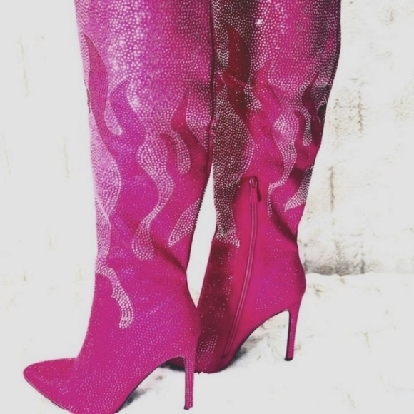 Hot Pink & Silver Rhinestone Flame Detail Sexy OTK Thigh Boots - Picture 6 of 13
